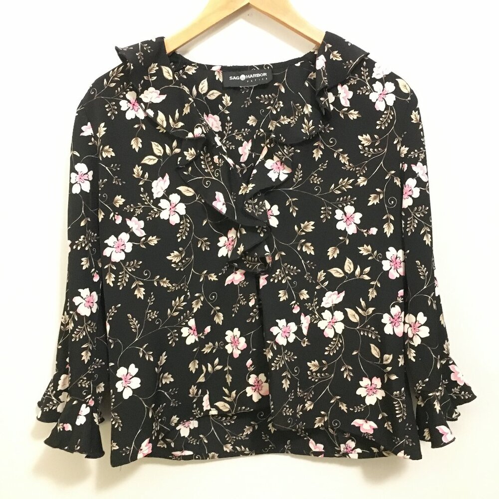 Sag Harbor 90s Coquette Black Floral Ruffle Collar Blouse Medium Dark Romance